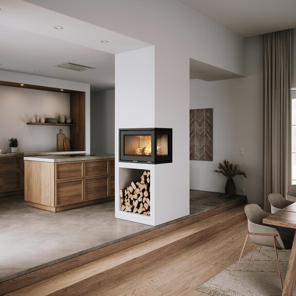 Inserto per caminetto a legna R-500 2 lati, installato tra cucina e sala da pranzo