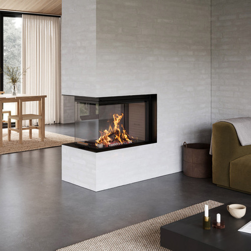 Holz-Kamin VISIO 3:1 UNIQ als Raumteiler zwischen Ess- und Wohnzimmer