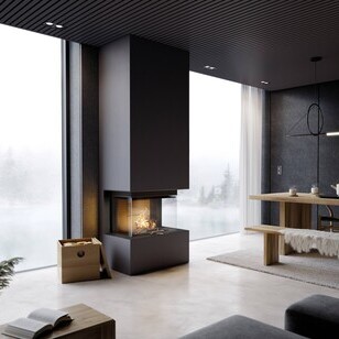 Il camino a legna VISIO 3 UNIQ con vetri su 3 lati con cornice invisibile mostra le fiamme direttamente e si colloca in un moderno soggiorno grigio scuro