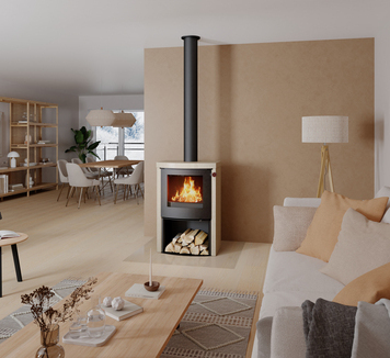 Holz-Kaminofen Q-TEE 2 C Porto mit Türgriff Rindsleder Braun im hellen Wohnzimmer mit Brauntönen und Herbstfarben