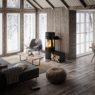 Stufa a legna VIVA 120 L in nero con panca laterale in una moderna casa in legno nella foresta