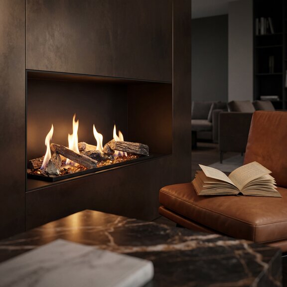 Bioethanol Feuerstelle Logicwood Linear einbgebaut in schwarzer Wand mit braunem Ledersessel und Marmortisch