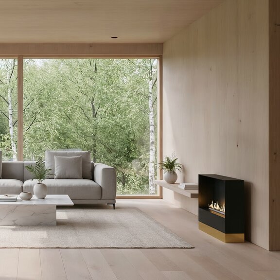 Caminetti a bioetanolo Milan indipendente con pannello frontale nero e base chiusa color oro