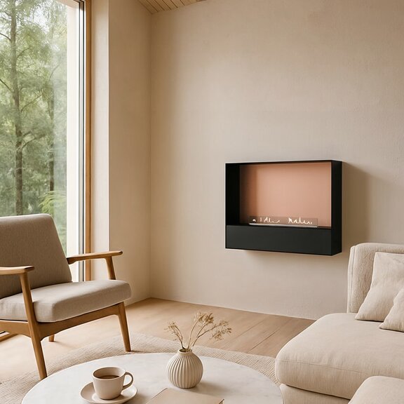 Caminetti a bioetanolo Milan montato a parete con pannello frontale nero e pannello posteriore in rame