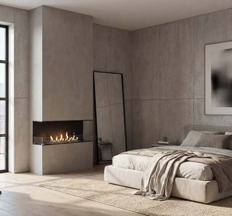 Montreal, incassata su 3 lati in un’ampia camera da letto moderna con parete in cemento e pavimento in legno