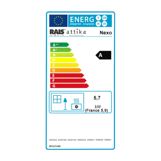 Etichetta di efficienza energetica A per la stufa a legna NEXO di Attika